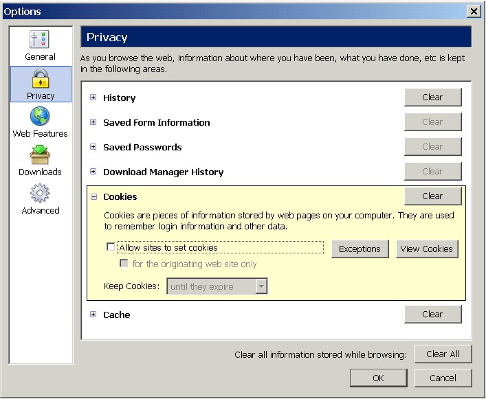 Options : Privacy : Cookies