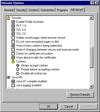 Internet Options: Advanced tab (IE 4)