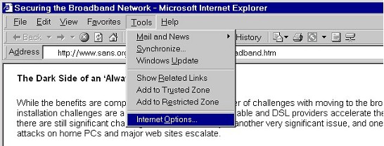Tools >> Internet Options...