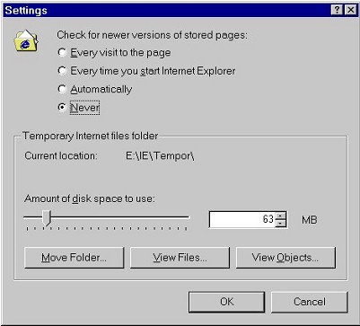 Temporary Internet Files: Settings