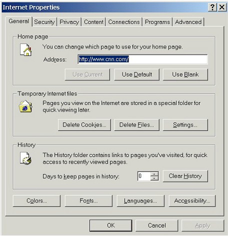 Internet Properties: General tab (IE 6)