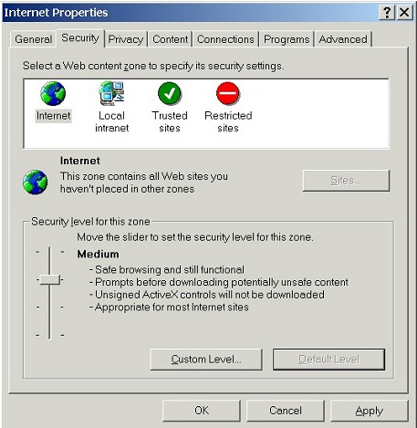 Internet Properties: Security tab