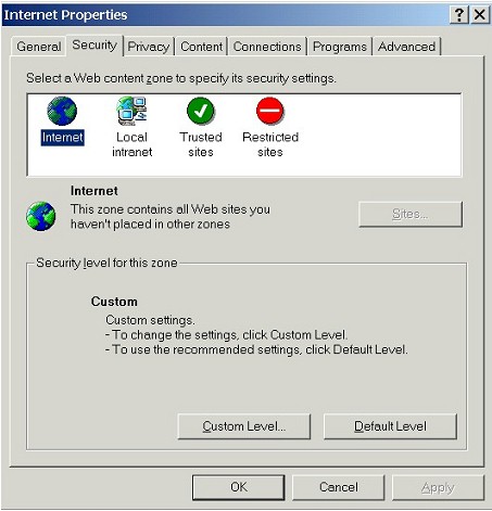 Internet Properties: Security tab (Custom)
