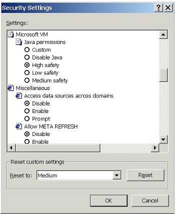 Security Settings: Microsoft VM