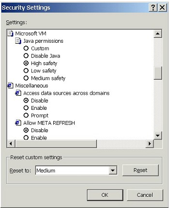 Security Settings: Microsoft VM