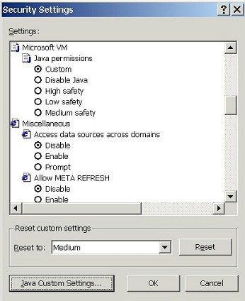 Security Settings: Java Custom Settings... button