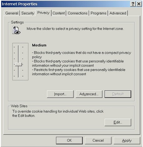 Internet Properties: Privacy tab (IE 6)
