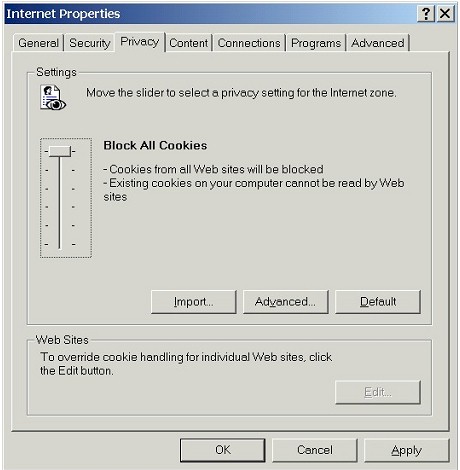 Internet Properties: Privacy tab (IE 6) - Block All Cookies