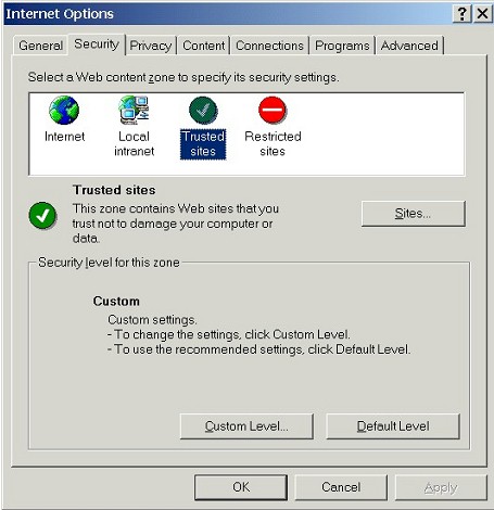 Internet Options: Security tab - Trusted sites zone