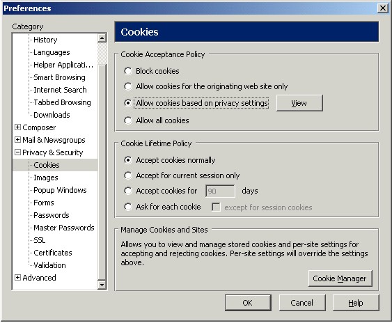 Preferences: Privacy & Security (Enable cookies based on privacy settings)