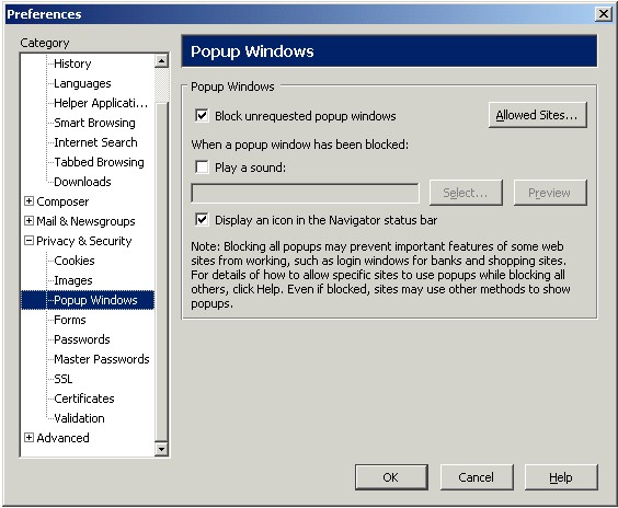 Preferences: Prrivacy & Security: Popup Windows