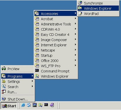 Start >> Programs >> Accessories >> Windows Explorer