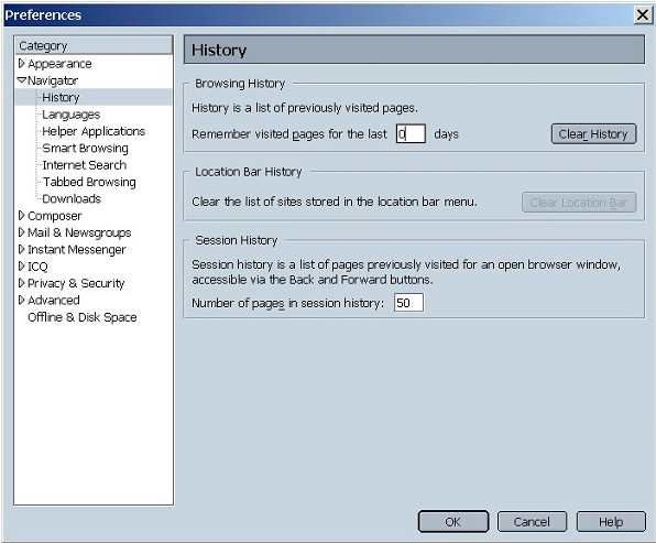 Preferences: Navigator: History