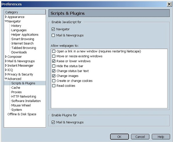 Preferences: Advanced: Scripts & Plugins (boxes unchecked)