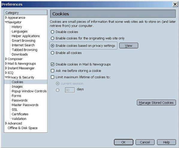 Preferences: Privacy & Security (Enable cookies based on privacy settings)