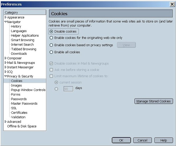 Preferences: Privacy & Security: Cookies