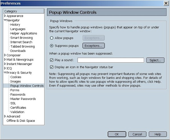Preferences: Privacy & Security: Popup Window Controls