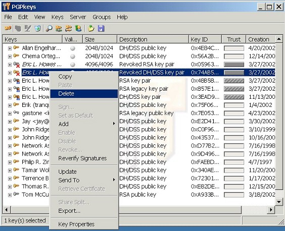 PGPkeys: Delete
