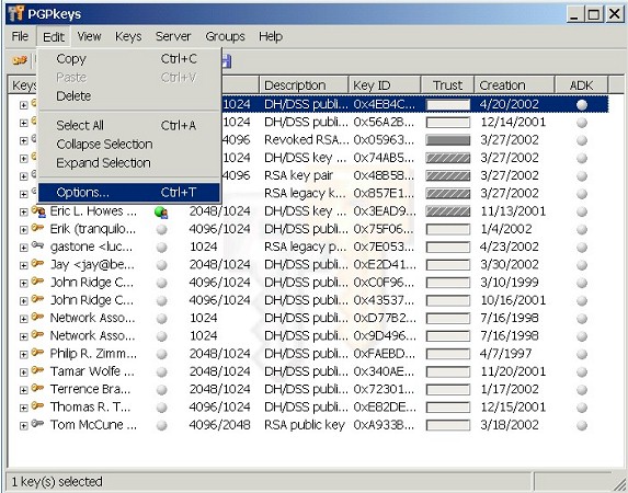 PGPkeys: Edit >> Options...
