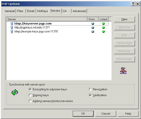 PGP Options: Servers tab