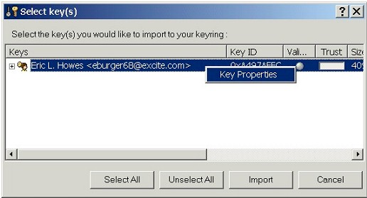 PGP Key Import: Select Key(s) - Key Properties